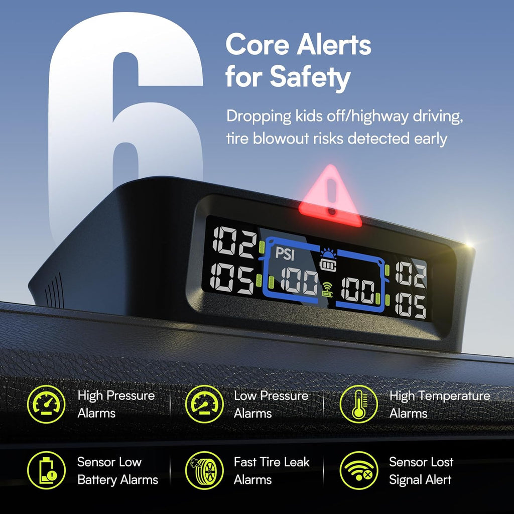 TM12 RV Tire Pressure Monitoring System, TPMS Set of 4 Sensors | Max. 12 Tires Info Monitoring, 6-Tire Display, 6