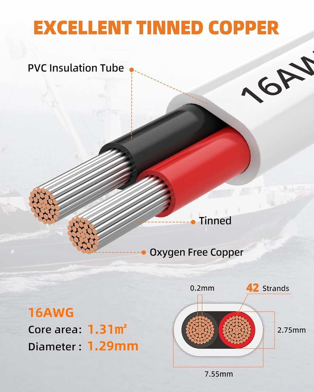 16 Gauge Marine Wire, 16 Gauge Wire Duplex Marine Grade Cable, 100FT | Oxygen-Free Tinned Copper Marine Wire 16