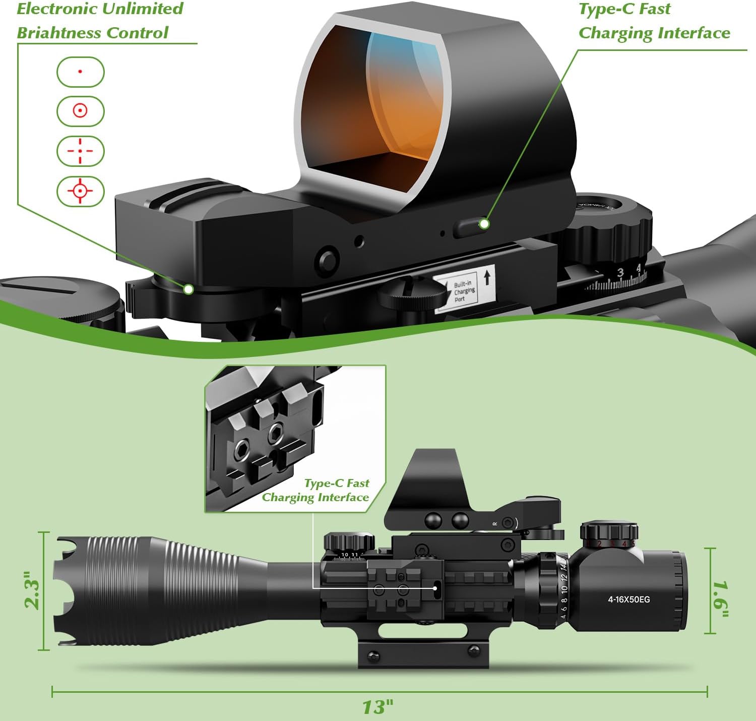 4-12/16x50EG Hunting Rifle Scope Tactical Red/Green Dual Illuminated Range Finder with Green/Red Laser 4 Models