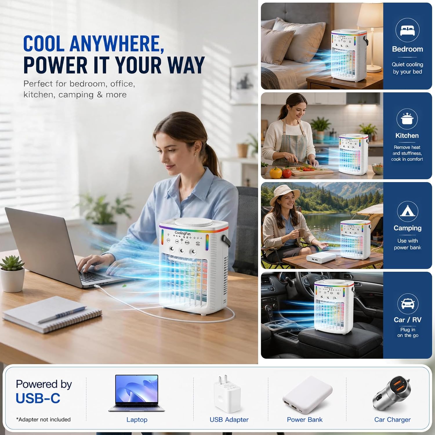 2026 New 4-in-1 Portable Air Conditioners, Portable AC for Car, Ac Unit with 1500ML Water Tank, 3 Modes & 3 Speeds