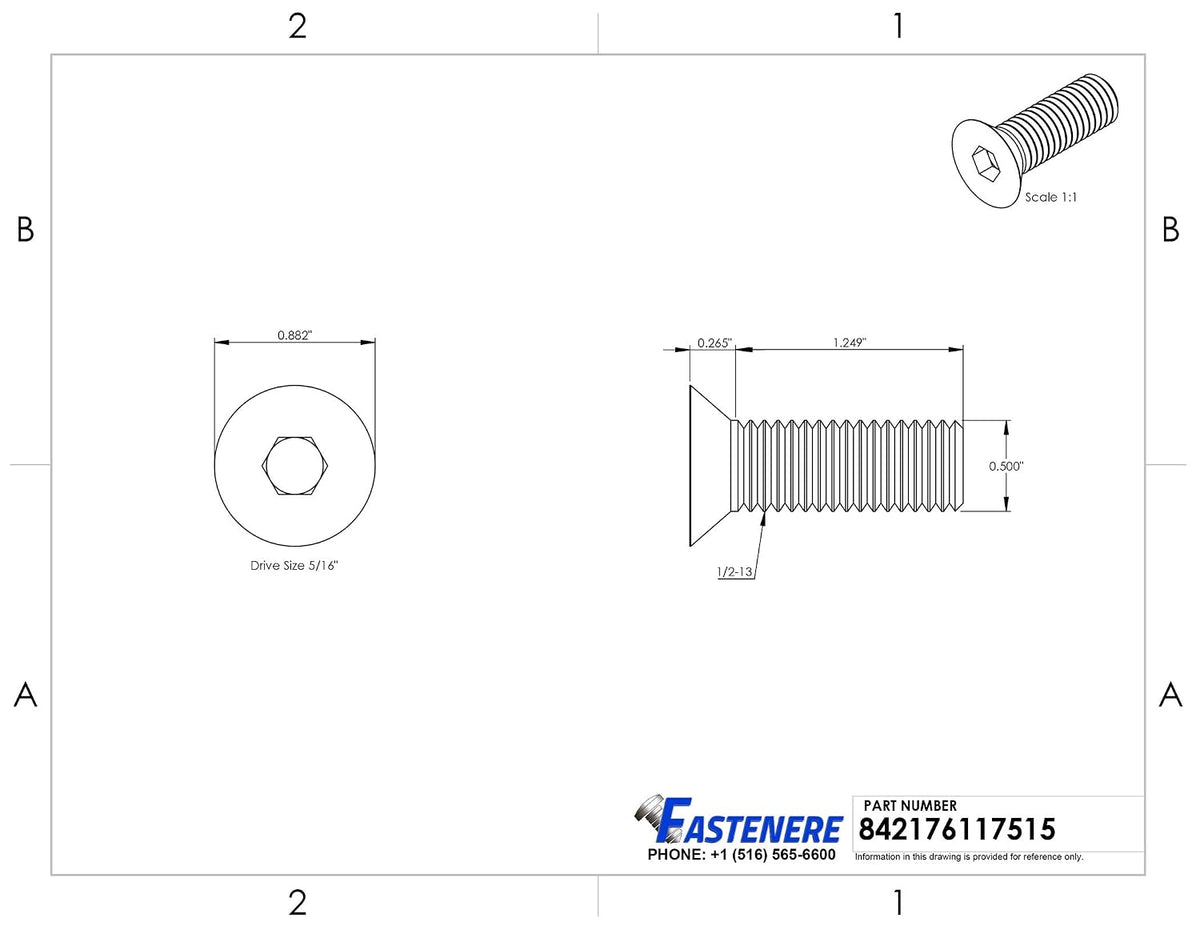 1/2-13 x 1-1/2" Flat Head Socket Cap Screws, Allen Socket Drive, Stainless Steel 18-8, Full Thread, Bright Finish, Machine Thread, Quantity 25 By Fastenere