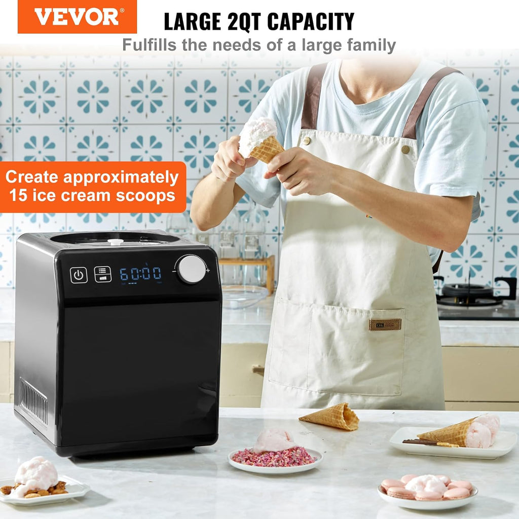 Upright Automatic Ice Cream Maker with Built-in Compressor, 2 Quart No Pre-freezing Fruit Yogurt Machine, Stainless