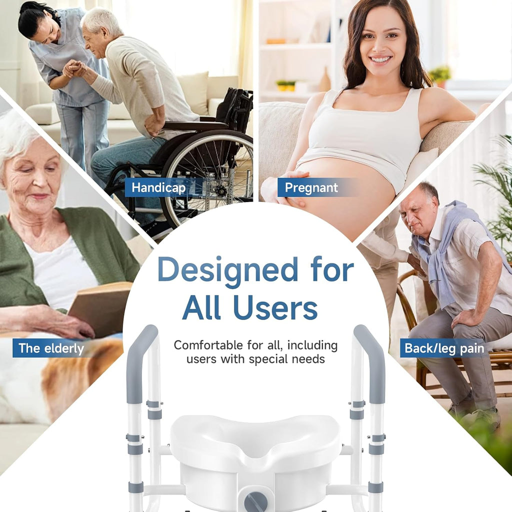 Raised Toilet Seat with Handles, Elevated Toilet Seat Risers for Seniors with Adjustable Padded Arms, Toilet Seat