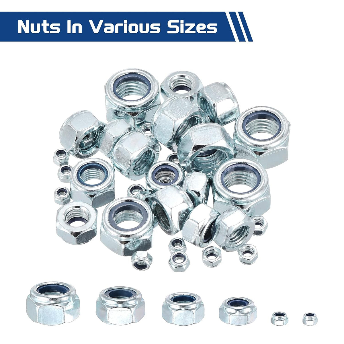 100Pcs #10-24 Nylon Locking Hex Nuts CarbonSteel BlueWhite