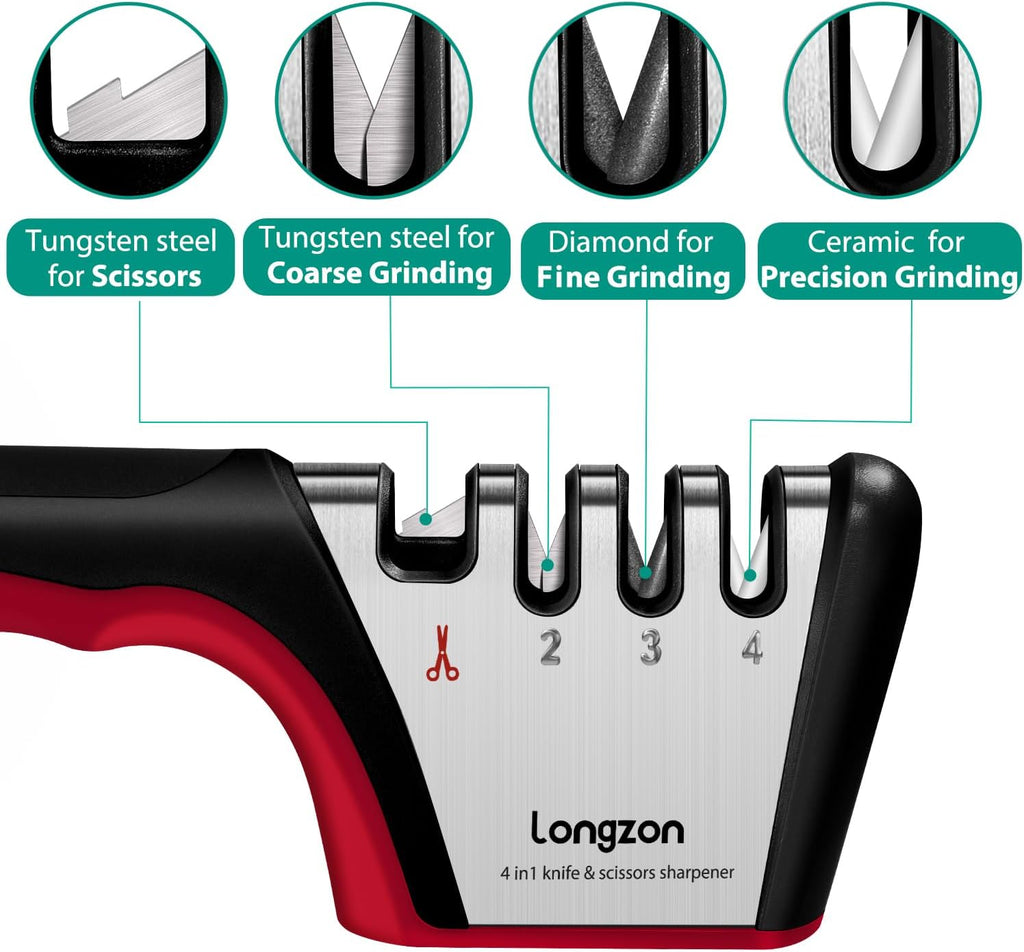 5-in-1 Knife Sharpener 4 Stage with Cut-Resistant Glove, Quickly Sharpens & Restores Dull Blades, Easy & Safe for