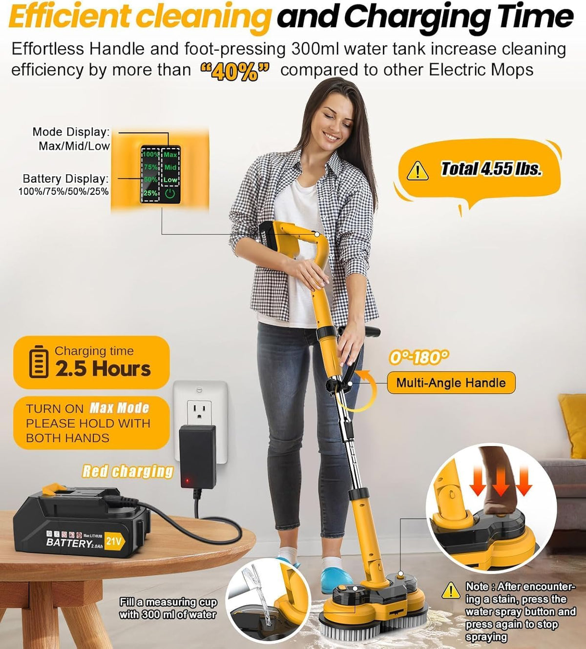 Cordless Electric Mop M1, 2-in-1 Spin Mop & Floor Scrubber | 800RPM electric floor Machine, 6000mAh Battery, Smart