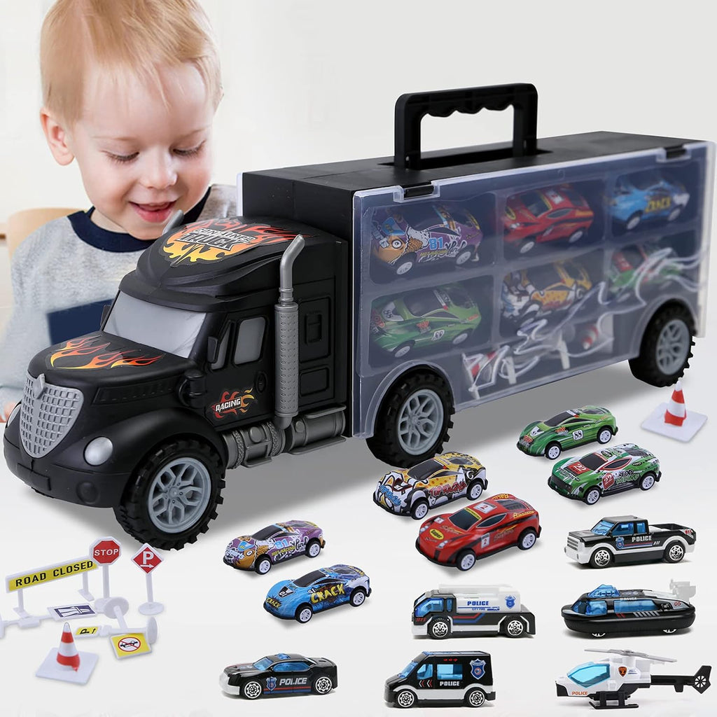 Toddler Toys for 3-4 Year Old Boys,Large Transport Cars Carrier Set Truck Toys with 12 Die cast Vehicles Truck Toys
