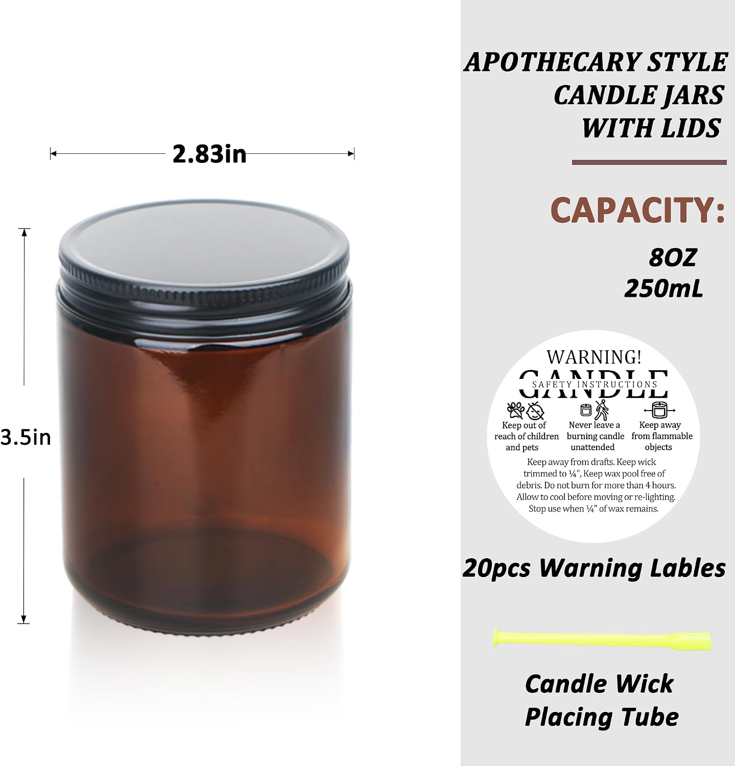 20 Pack 8 OZ Thick Glass Dark Amber Candle Jars with All Black Metal Lids-Bulk Empty Candle Jars for Making
