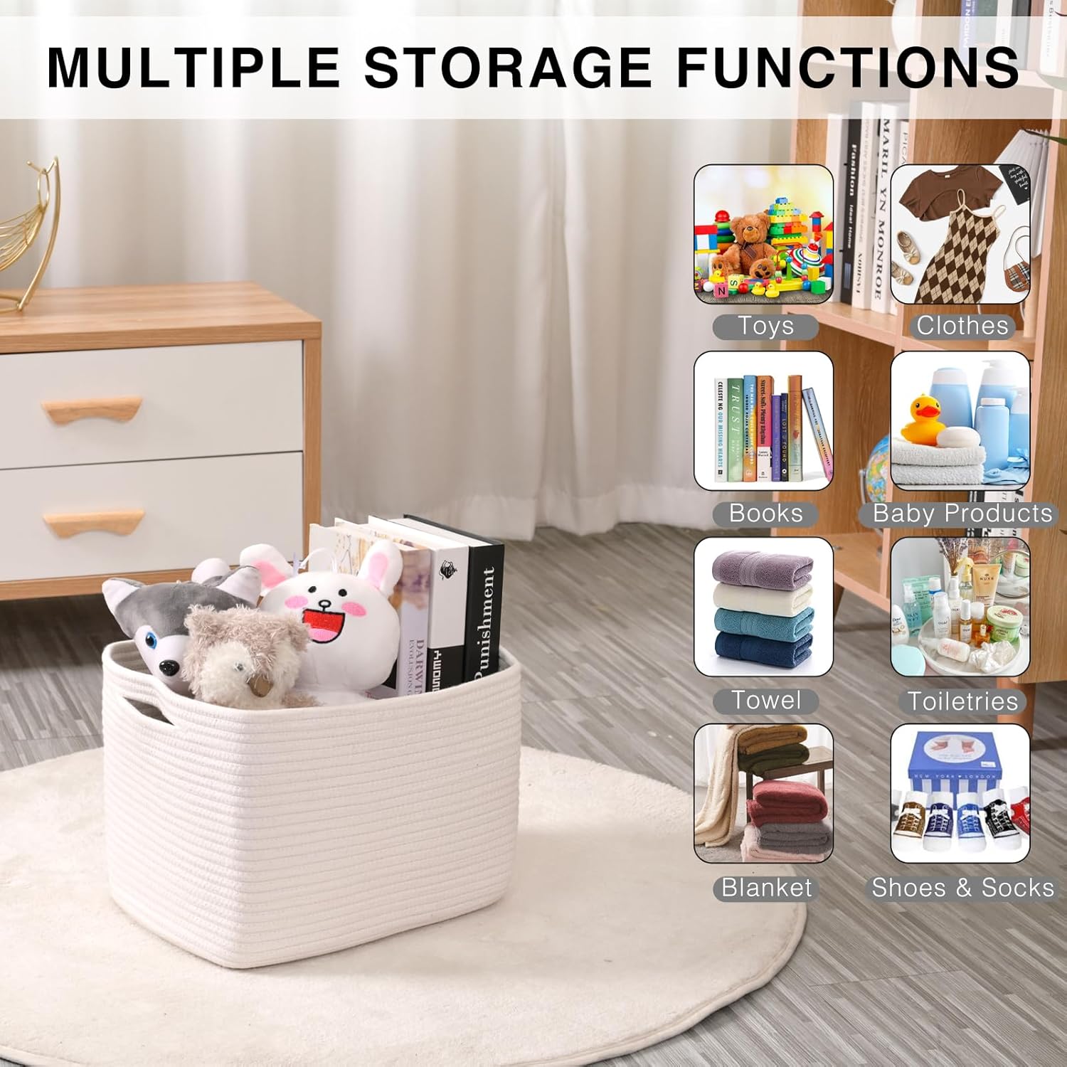 Storage Baskets for Organizing Shelves, Woven Cotton Rope Bins for Baby Nursery Organization, Book Toy Towel