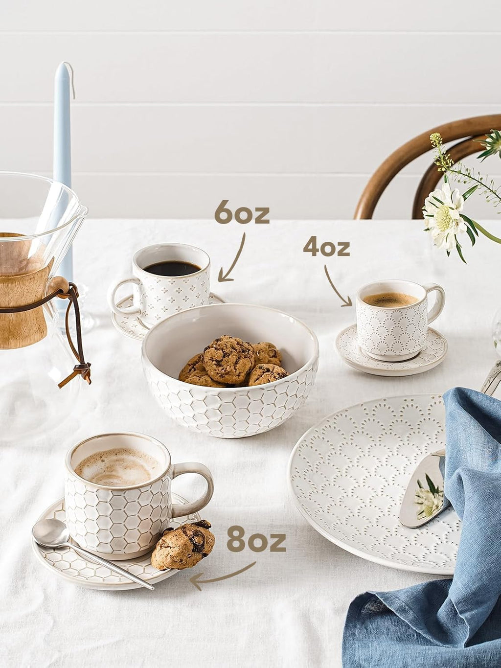 6 oz Stackable Cappuccino Cups with Saucers and Stand, Set of 4, Ceramic Coffee Cup Set for Flat White, Tea