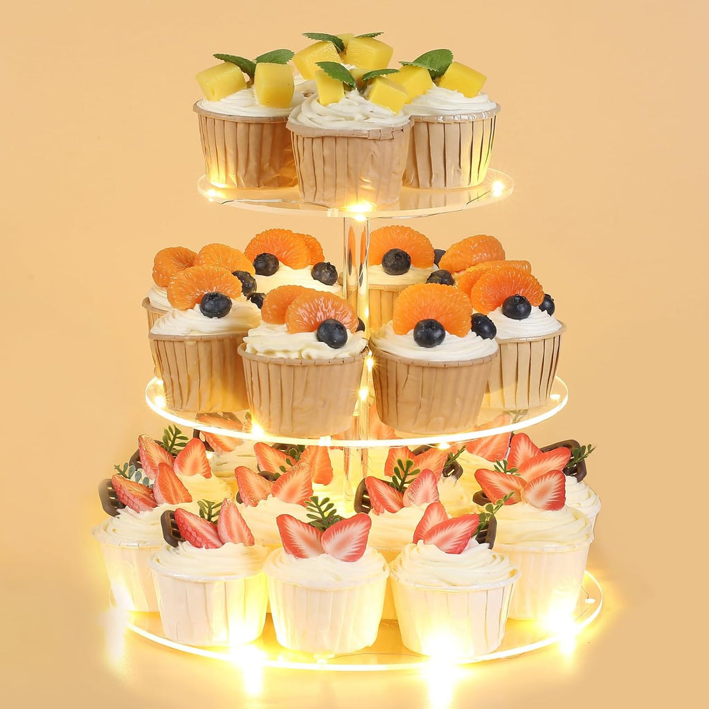 3 Tier Round Cupcake Stand Cupcake Holder, Acrylic Cupcake Tower with LED Yellow Light for 24 Cupcakes, Dessert Table