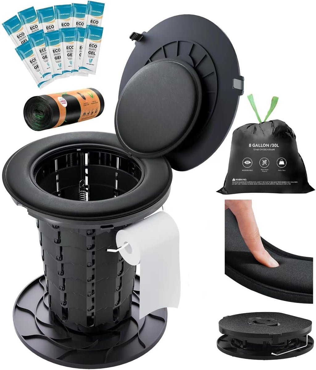 Adjustable Height Portable Toilet with Soft Seat Cushion, Waste Bags & Gel, Camping Toilet for Adults & Kids, Compact