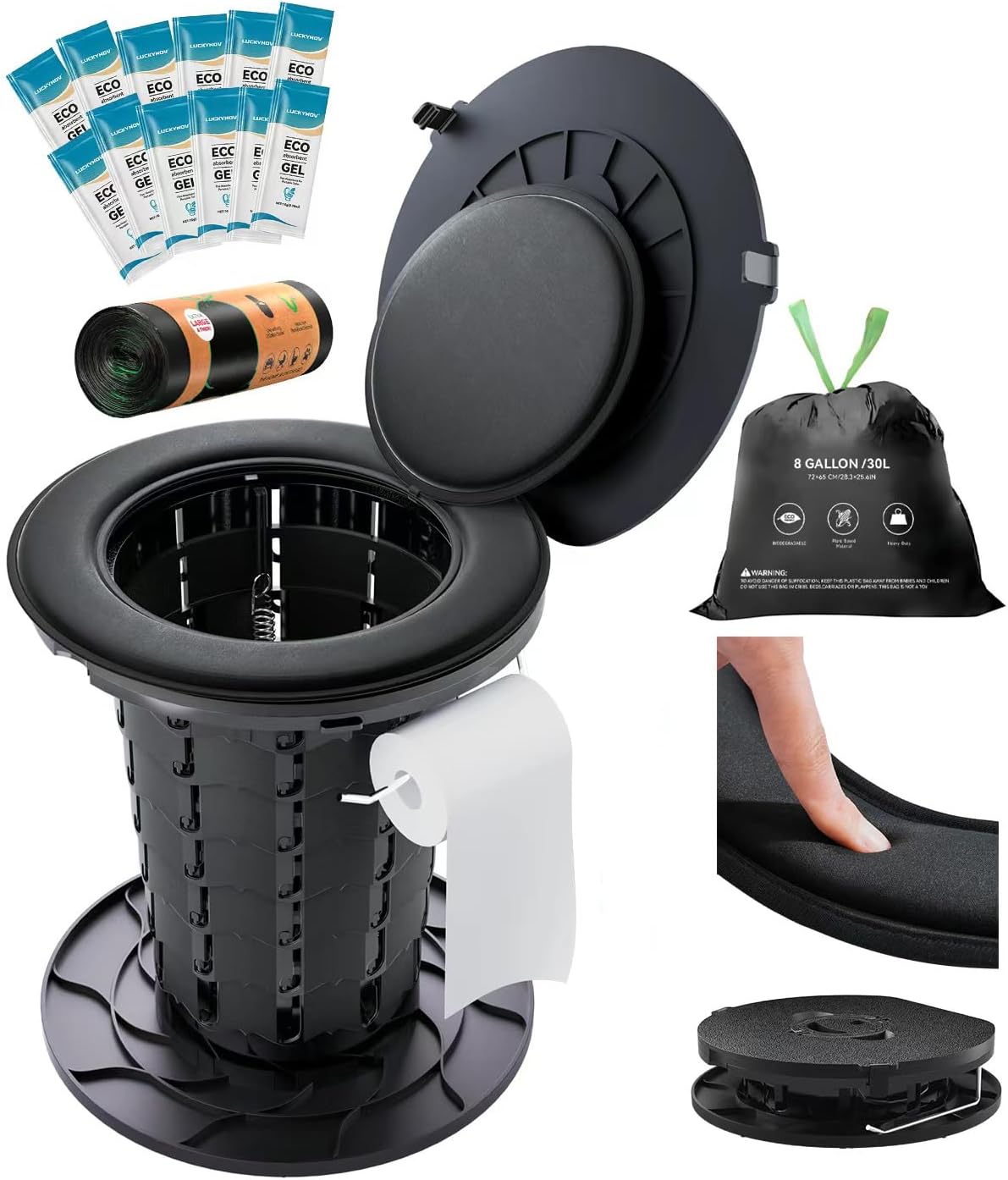 Adjustable Height Portable Toilet with Soft Seat Cushion, Waste Bags & Gel, Camping Toilet for Adults & Kids, Compact