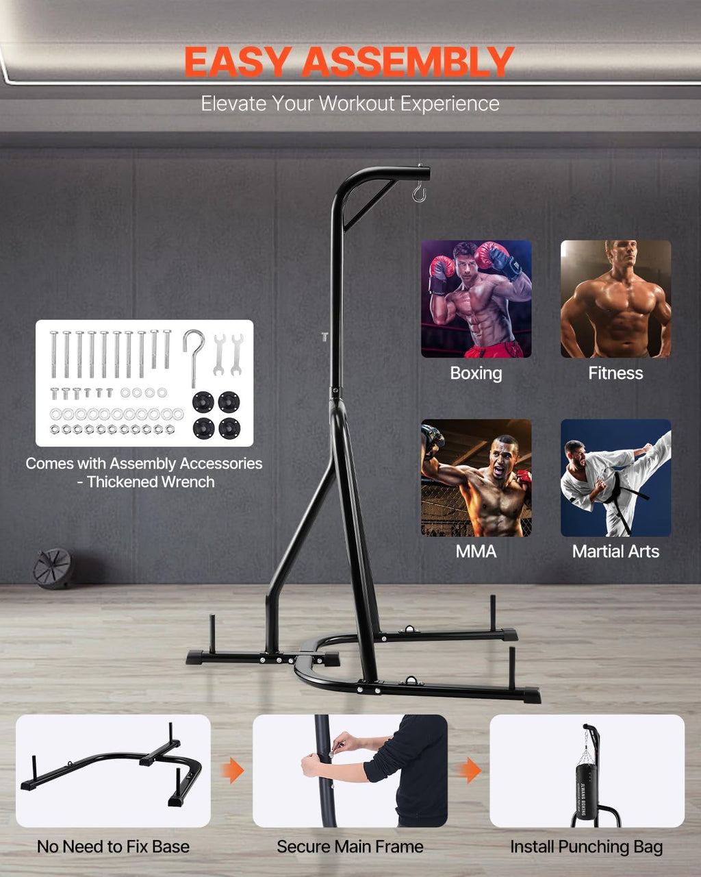 Punching Bag Stand, Steel Heavy Duty Workout Training Equipment, Adjustable Height Boxing Punching Stand with