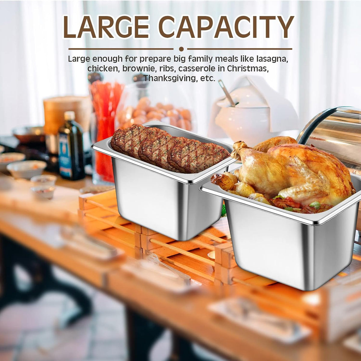 4 Pack 1/6 Size Hotel Steam Table Pans with Lids, 6 Inch Deep