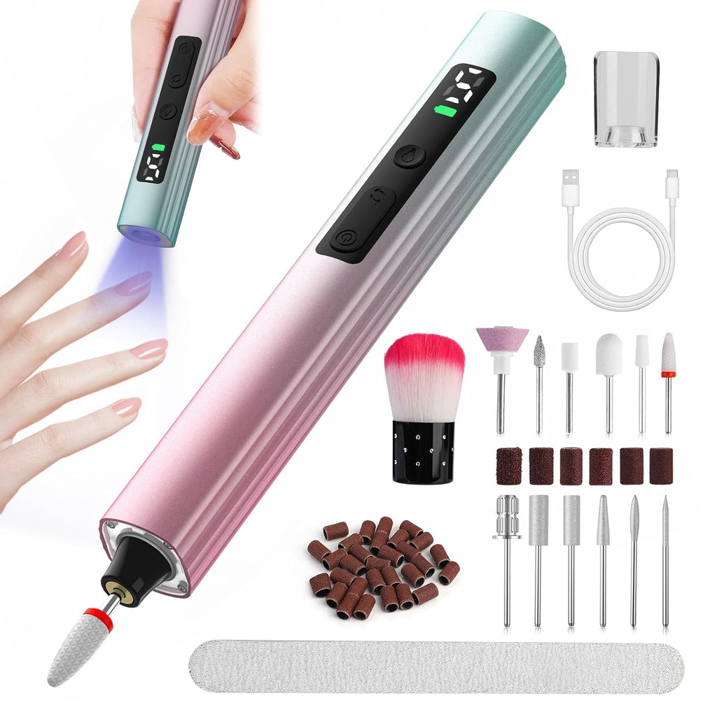 Cordless Electric Nail Drill with UV Light Lamp, 5 Speed, LCD Display | 14 in 1 Electric Nail File Drill