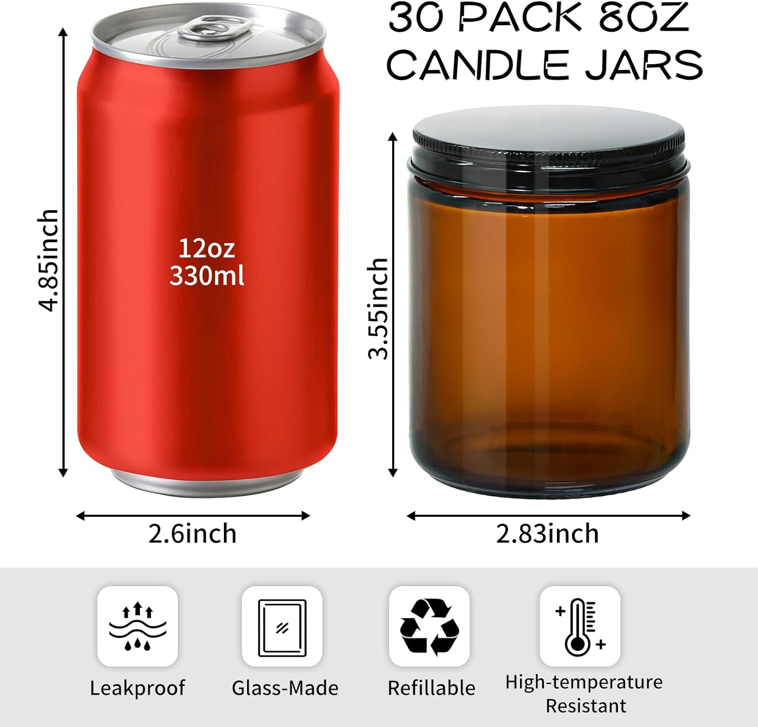 8oz Glass Candle Jars with Metal Lids, 30PCS Amber Candle Container | 8 oz Amber Candle Jars for Candle Making