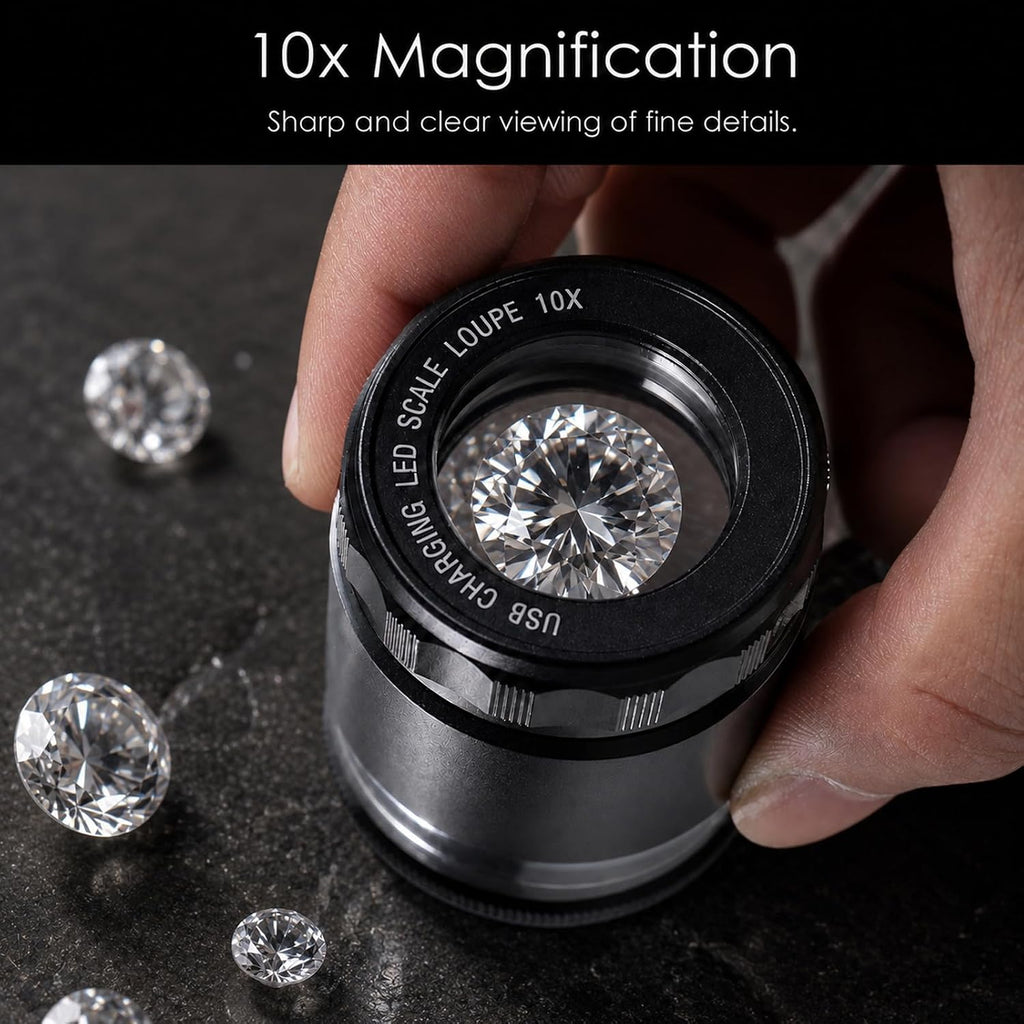 10X Rechargeable Jewelers Loupe Magnifier with LED Lights and 3 Reticle Scales, 25 mm Field of View, Adjustable Focus