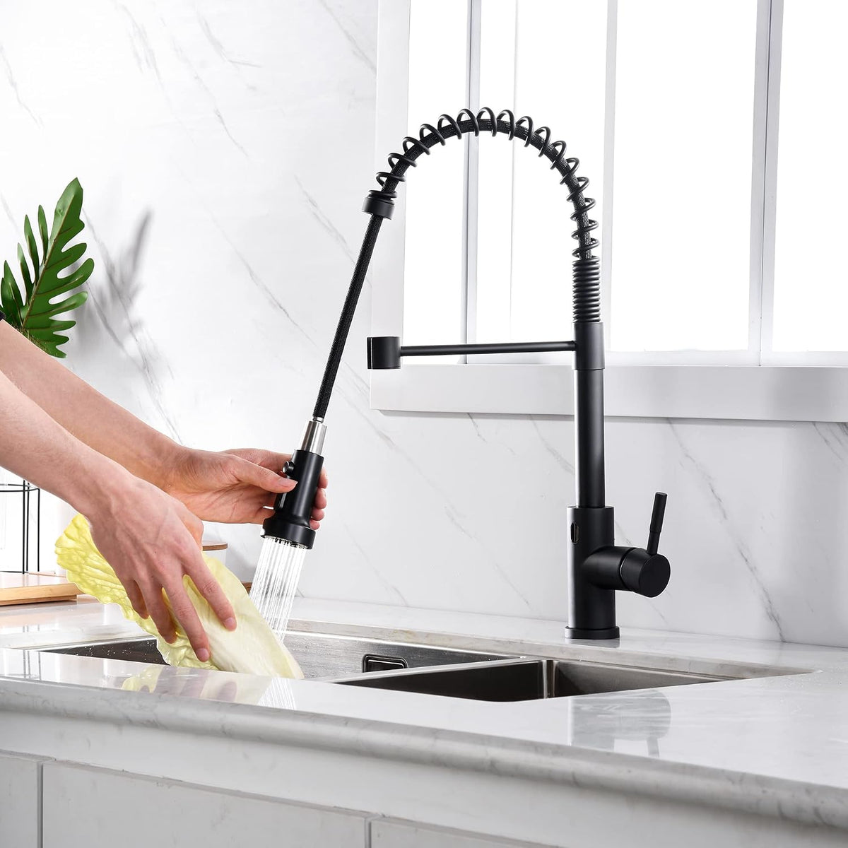 Kitchen Faucet Head Replacement Black, with 15 Adapters Plastic Pull Down Faucet Spray Head, 3 Modes Pull Out Kitchen
