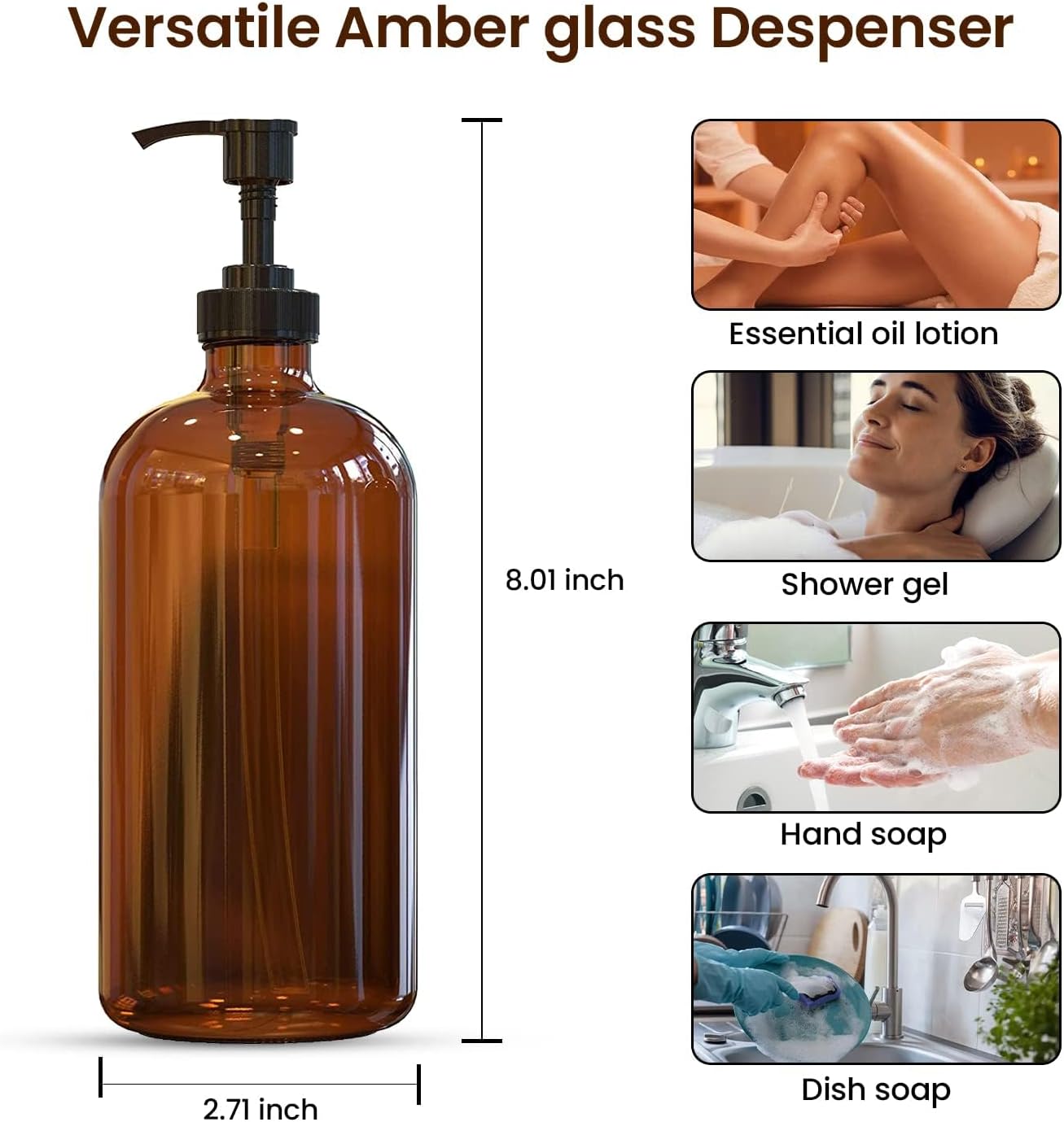 Amber Glass Soap Dispenser with Pump, 16 oz | Amber Glass, Soap Dispenser Pump Hand and Dish,Bathroom and Kitchen