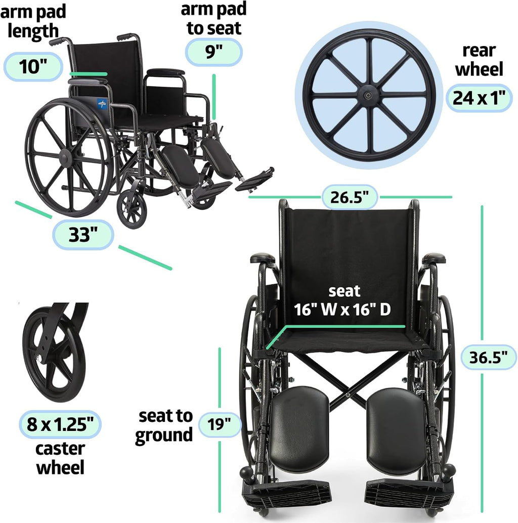 Comfortable Folding Wheelchair with Swing-Back, Desk-Length Arms and Elevating Footrests, 18”W x 16”D Seat