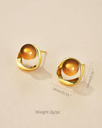 18K Gold Plated Brown Resin Stud Earrings for Women, Amber Round Ball Open Circle Earrings, Sculptural Gold Statement