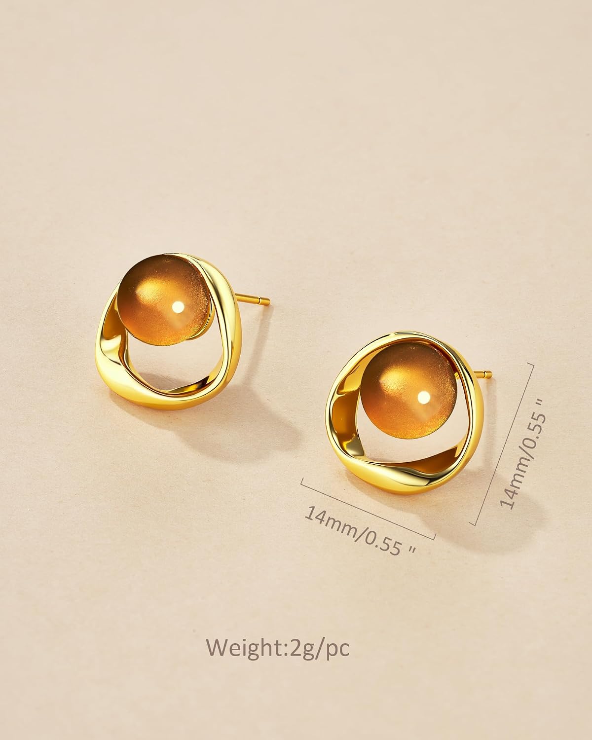 18K Gold Plated Brown Resin Stud Earrings for Women, Amber Round Ball Open Circle Earrings, Sculptural Gold Statement