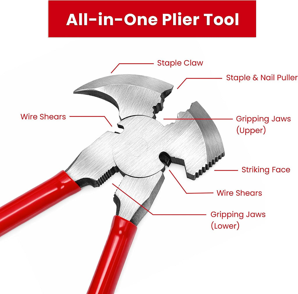 10.6 Inch Fencing Plier, Heavy Duty Fence Plier Tool, Barbed Wire Fence Cutter, Nail Puller