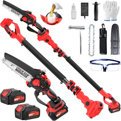 2-in-1 Cordless Pole Saw, 8 Inch Mini Chainsaw, 6.6-Ft Electric Pole Saws | 21V 4.0Ah Battery Powered, Electric Tree