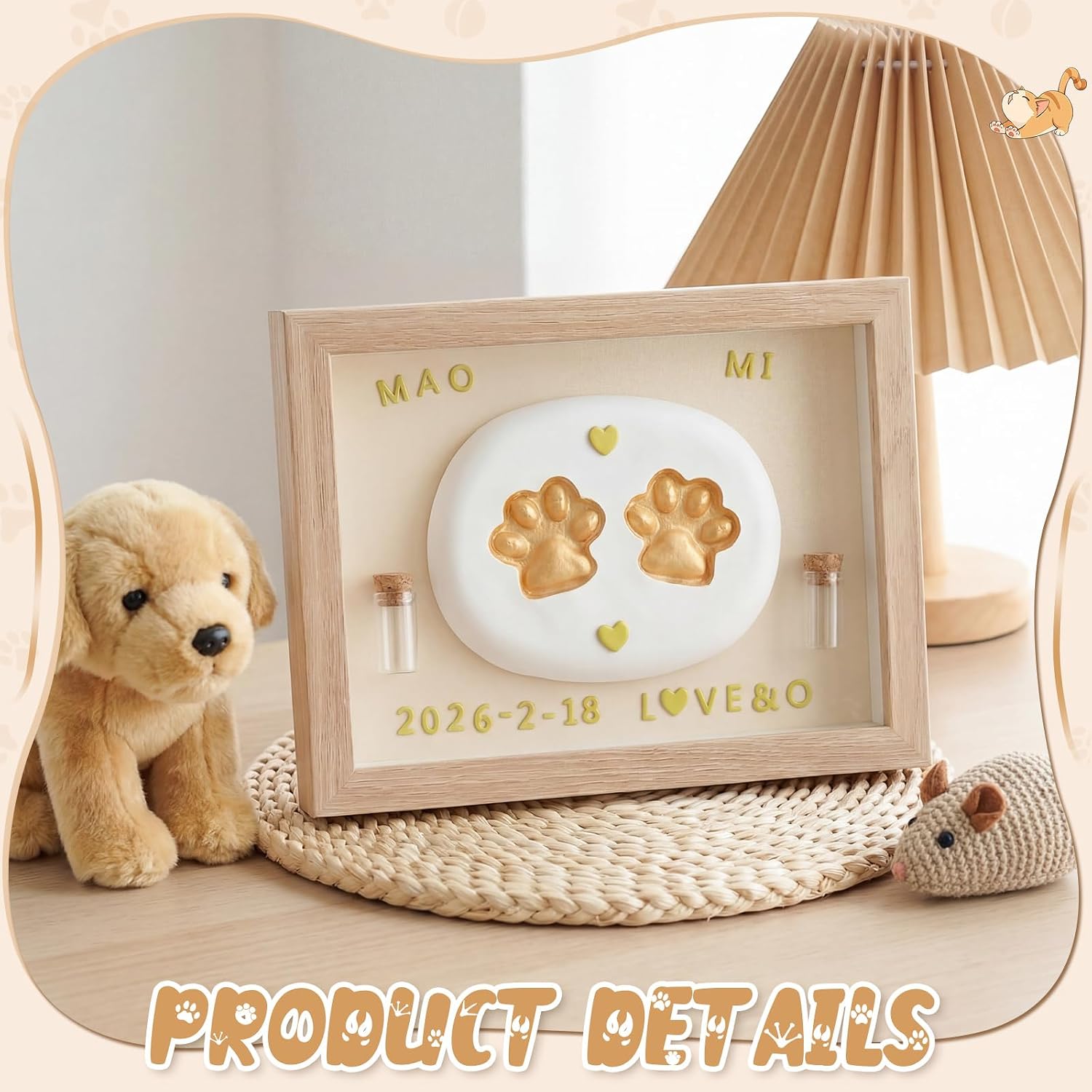 Dog Cat Paw Print Frame Kit, 8 Inch Pet Memorial Shadow Box with Clay Impression Kit, Hair & Teeth Keepsake, DIY Paw