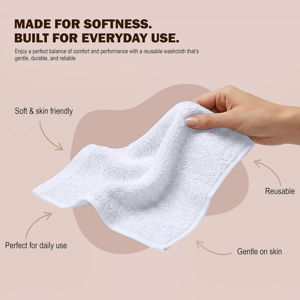 12 Pack Washcloths, 12x12 in, 100% Cotton, White | Premium 100% Ring Spun Cotton Face Cloths - Highly Absorbent, Fast