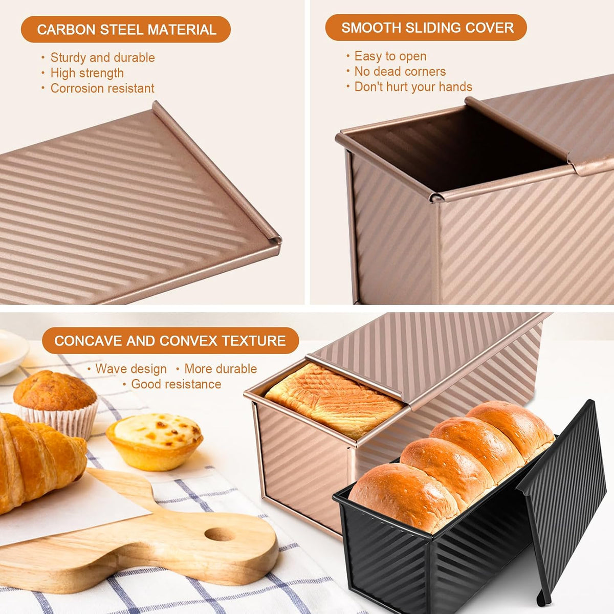 Pullman Loaf Pan with Lid, 2 Pack 2.2 LB & 1 LB Dough Capacity, Non-Stick Carbon Steel Bread Pan for Sandwich Bread