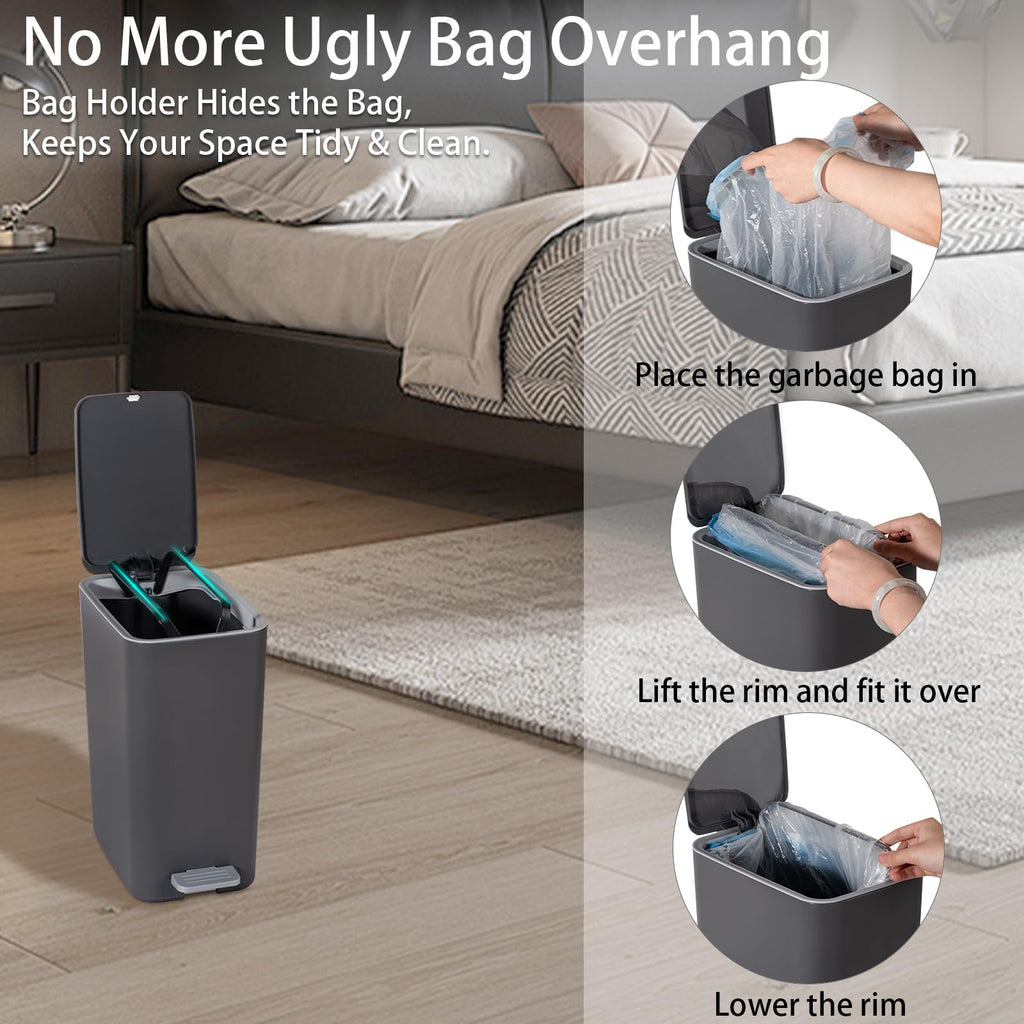 Small Bathroom Trash Can with Lid, 2.1 Gallon Slim Step Trash Can, Gray