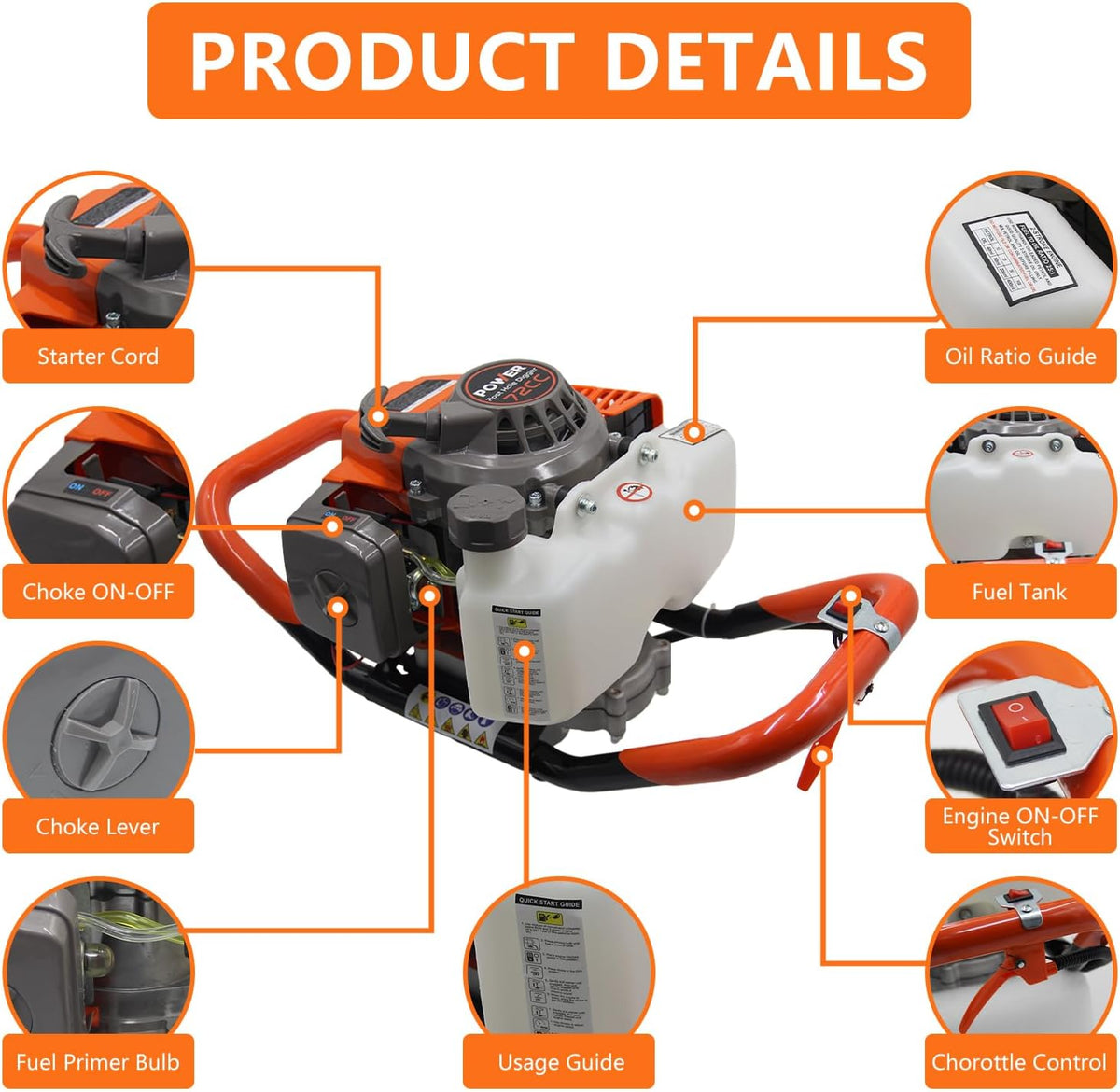 72CC Post Hole Digger Gas Powered, 2 Stroke Auger with 6" & 8" Bits | LightWeight Powerful. Easy start, One-Person