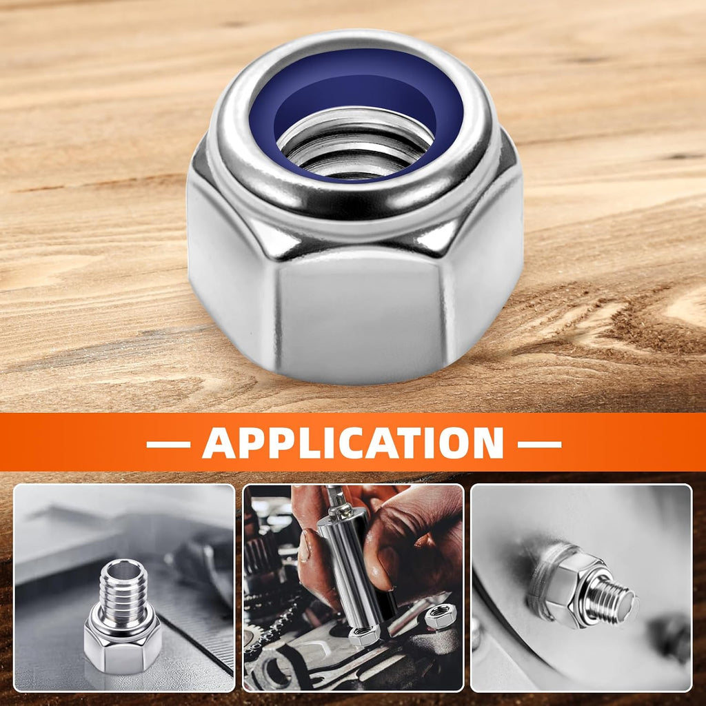 M12 Nylon Insert Hex Lock Nuts Locknuts, Stainless Steel 18-8 (304), Bright Finish, 10 PCS