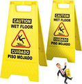 24 Inches Caution Wet Floor Sign Bright Yellow Double Sided Bilingual Caution Message Folding A-Shaped Frame Design