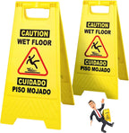 24 Inches Caution Wet Floor Sign Bright Yellow Double Sided Bilingual Caution Message Folding A-Shaped Frame Design