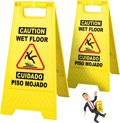 24 Inches Caution Wet Floor Sign Bright Yellow Double Sided Bilingual Caution Message Folding A-Shaped Frame Design
