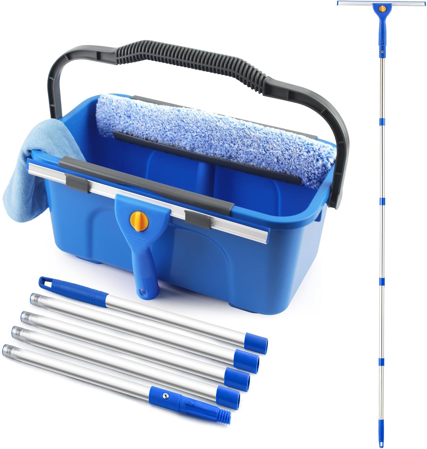 Professional Window Cleaning Kit with Bucket 3 Gallon, 76" Long Handle Window Squeegee and Microfiber Scrubber, High