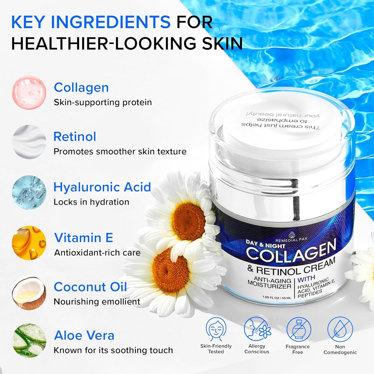 Collagen Face Cream with Retinol & Hyaluronic Acid - Anti Aging Moisturizer for Women & Men, Firming Day & Night