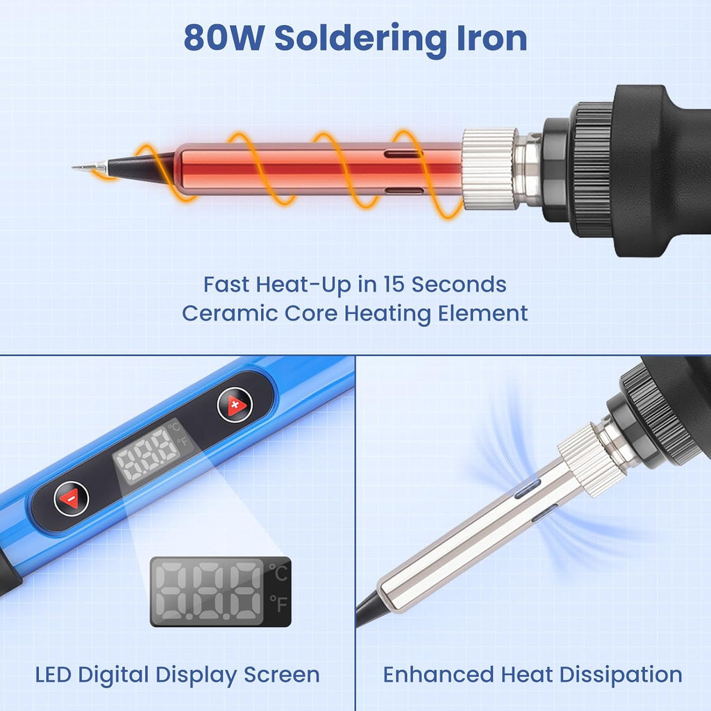 Multi-in-1 Soldering Iron Kit Temp 392℉-842℉ for Electronics DIY | 110V US Plug, 80W Soldering Iron, 5 Soldering