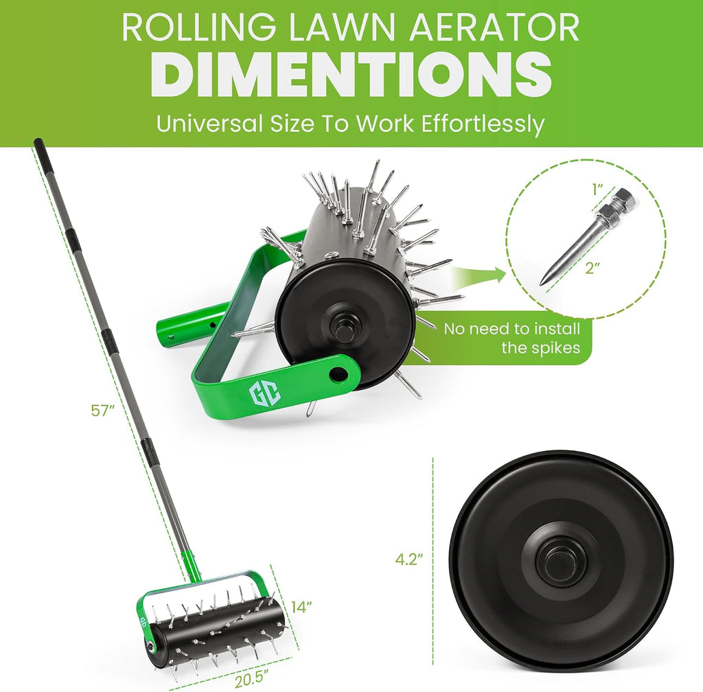 Manual Lawn Aerator Roller Tool, Heavy-Duty Rolling Lawn Aerator, 42 Pre-Attached Steel Spikes, 57 Inch Adjustable