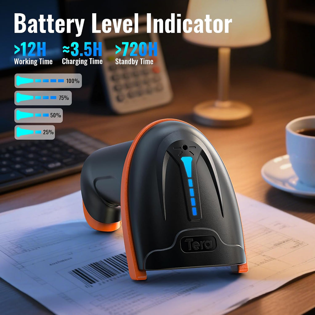 Barcode Scanner with Battery Indicator: 2D Wireless, D5100 Orange | USB Wired, 2.4G Wireless, 2200mAh Battery, 1D 2D