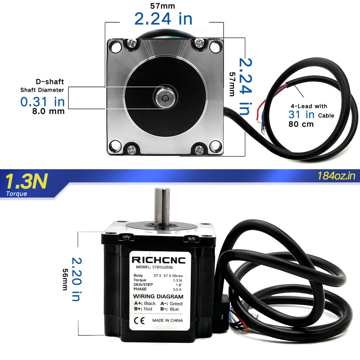RICHCNC Nema 23 CNC Stepper Motor 184oz.in/1.3Nm Bipolar 3.0A CNC Mill Lathe Router 57x57x56mm