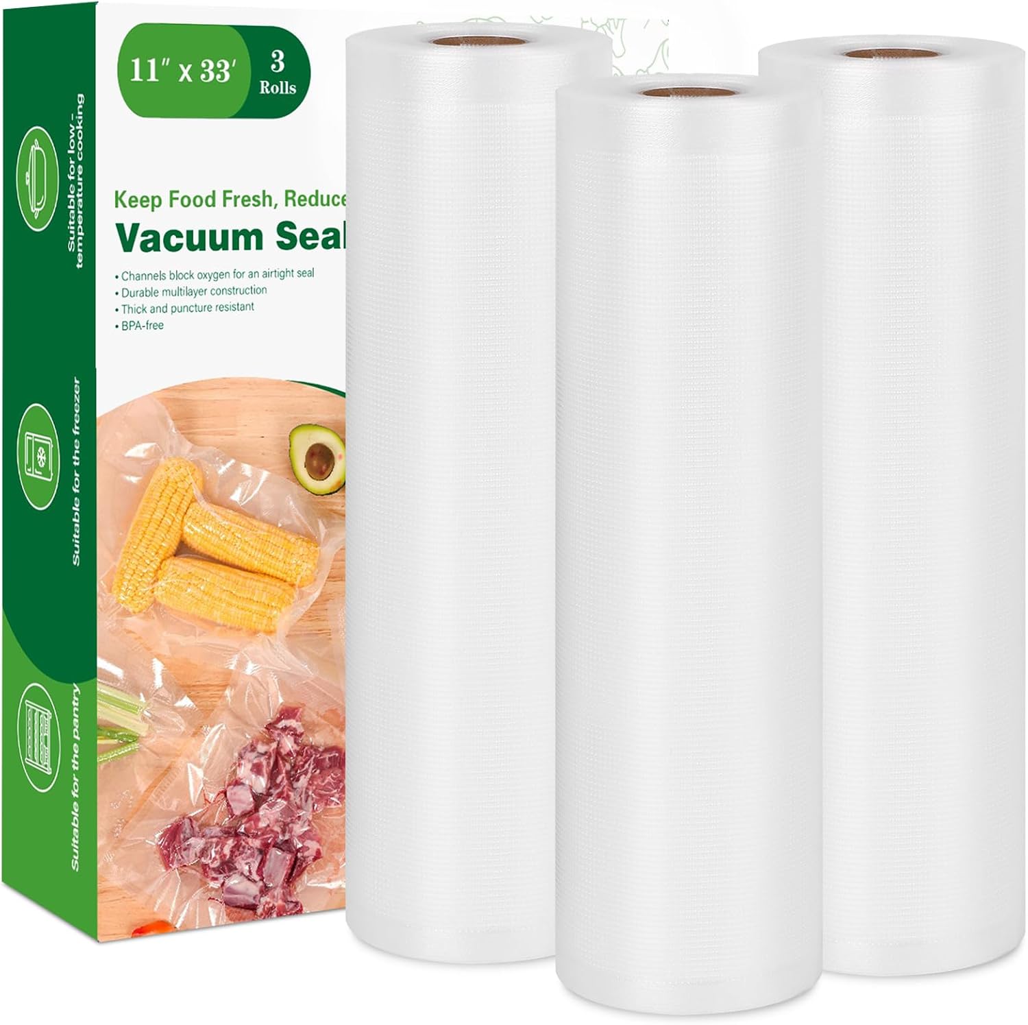 Vacuum Sealer Bags for Food Storage, 3 Rolls 11" x 33', Cut-to-Size Bags