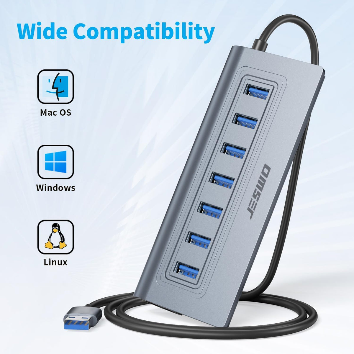 Powered USB Hub, JESWO 7-Port USB 3.0 Hub, Aluminum USB Data Hub with 3.3ft Cable, USB Hub 3.0 Powered with 5V/4A