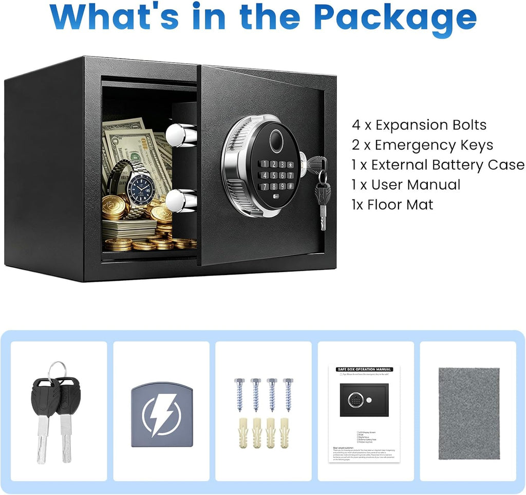 Small Smart Biometric Safe Box for Home, (7.87"D x 12.2"W x 7.87"H) | Mini Safes with Anti-Theft Dual Alerts, Mute