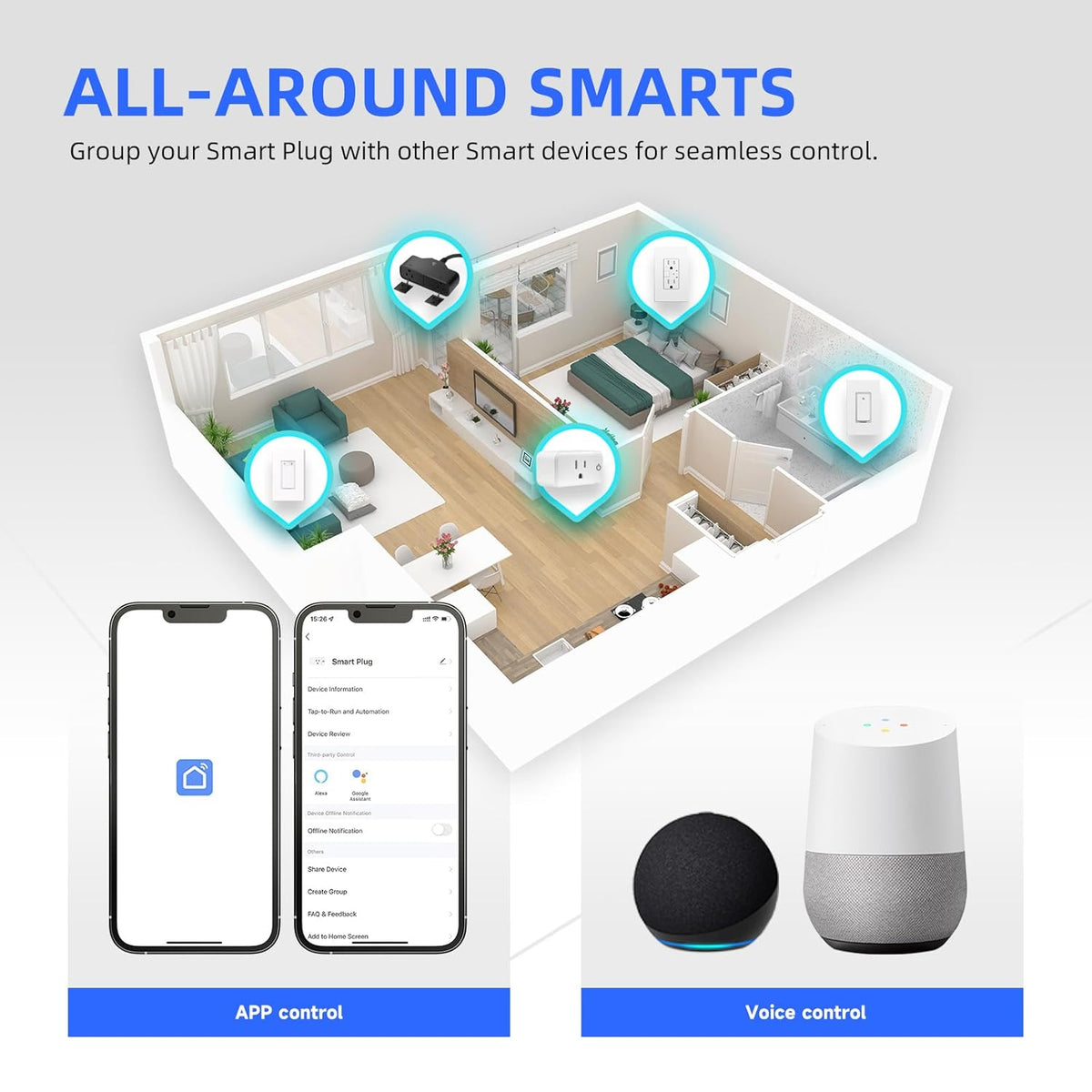 Smart Outlet Plug 15A, Alexa, Google Home, App Control, 2.4G WiFi, 4-Pack | Timer Function & Group Control