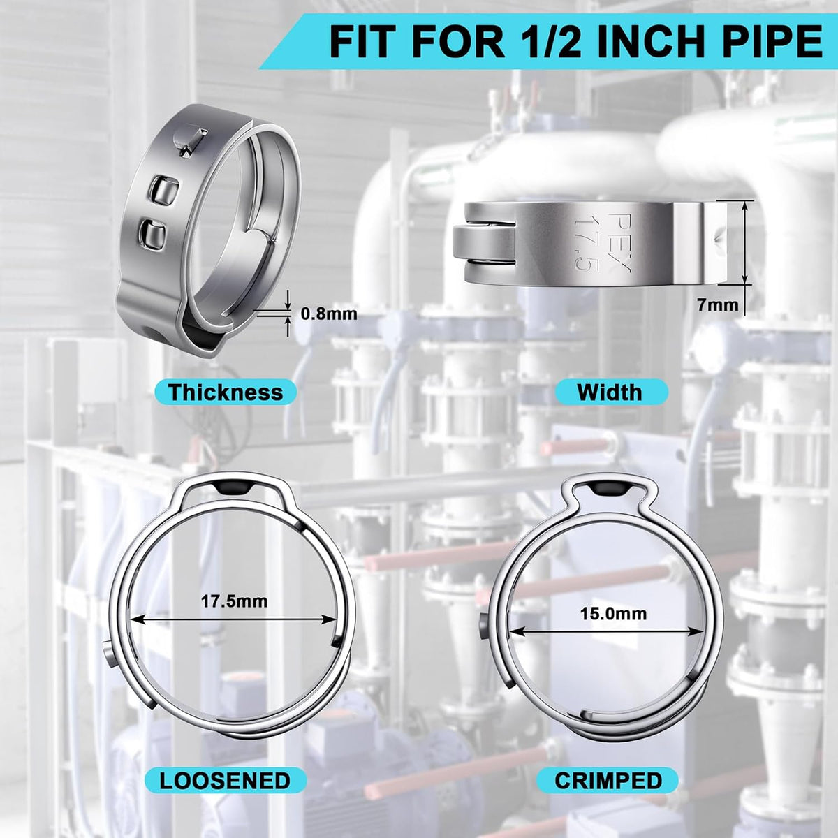50 Pack 1/2 Inch PEX Cinch Clamps Rings, 304 Stainless Steel