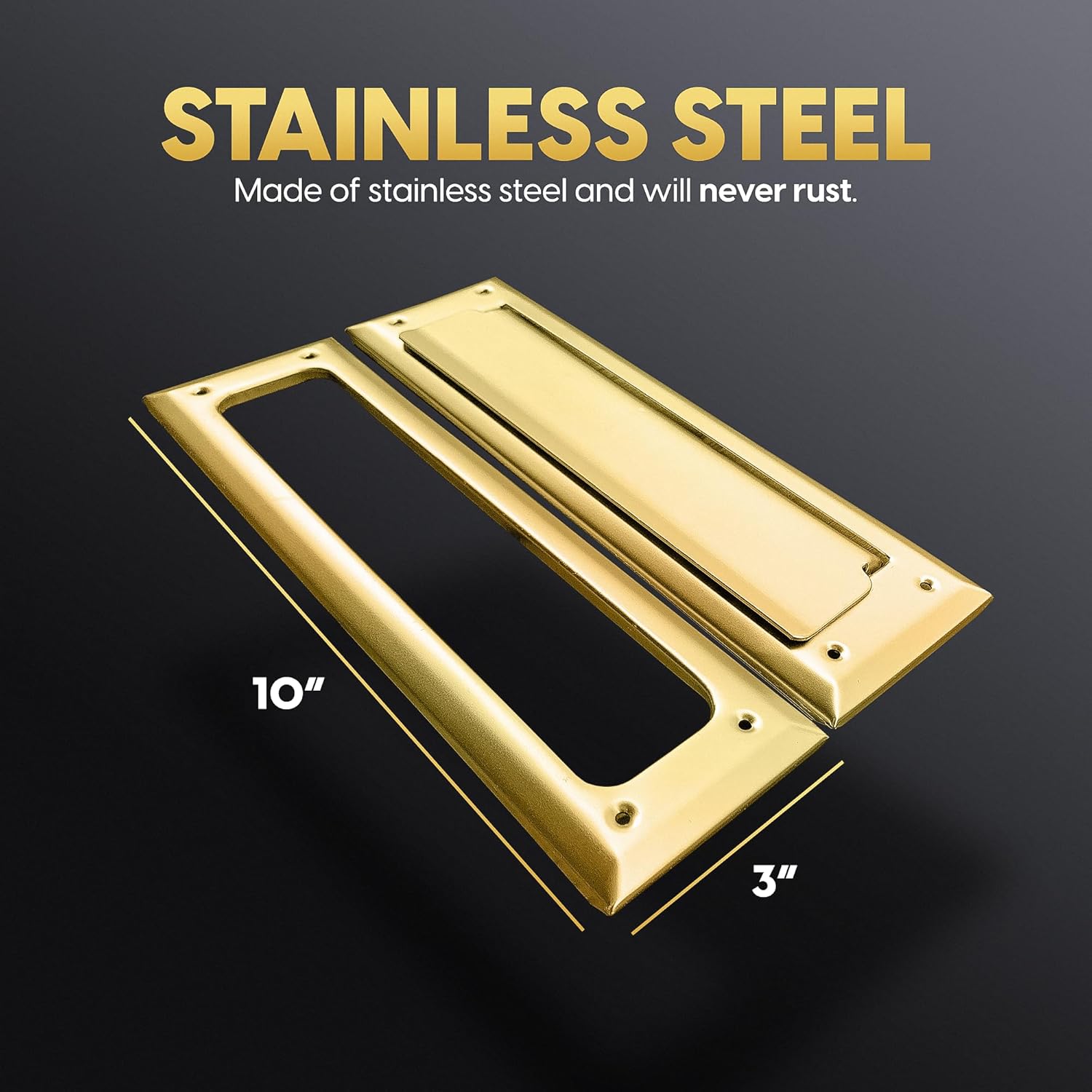 Solid Steel Gold Color | Mail Slot Fits to Most Doors | Outer Size 10 Inches by 3 inches | Set with Front and Rear